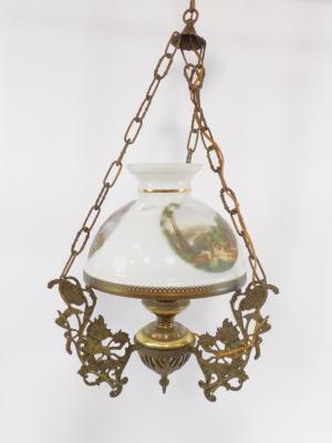 A brass hanging oil lamp