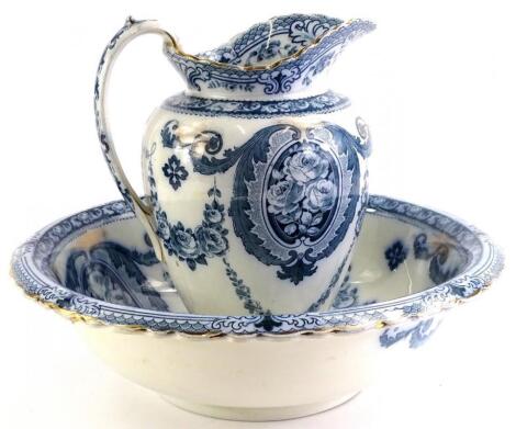 A Fielding & Sons blue printed wash jug and bowl