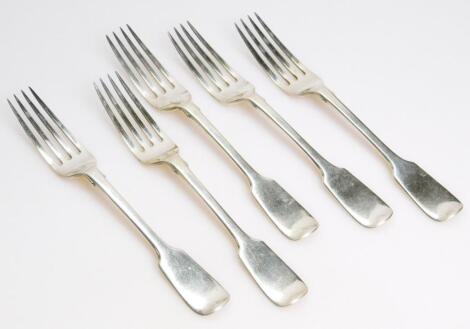 A set of five Edwardian silver entree forks