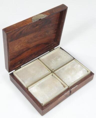 A 19thC rosewood and mother of pearl gaming counter box and a large quantity of crested mother of pe