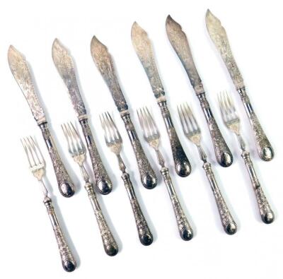 A set of six Victorian silver fish knives and forks