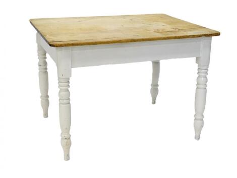 A Victorian pine scrub top kitchen table with painted base on turned legs