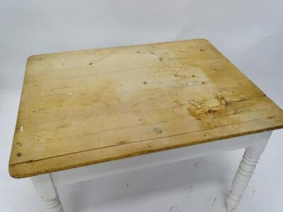 A Victorian pine scrub top kitchen table with painted base on turned legs - 2