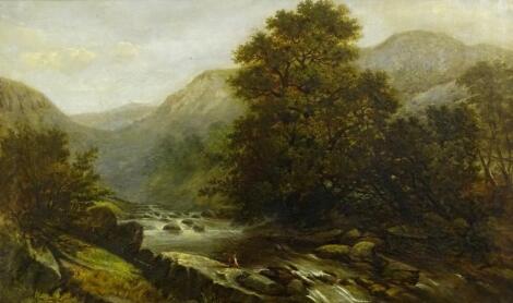 19thC British School. Mountain river scene with fisherman