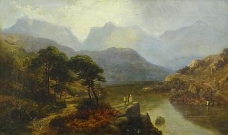 19thC British School. River landscape with figure on a rock in the foreground