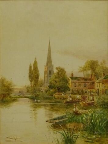Walter Stuart Lloyd RBA (1845-1959). Country river scene with figures on barges