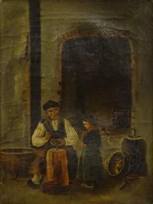 19thC Dutch School. Cobbler mending a young girl's shoe