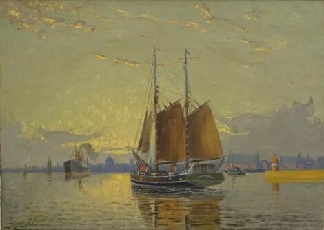 20thC British School. Thames river scene with steamer and sailing barge