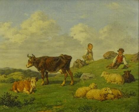 Andreas Peter Madsen (1822-1911). Cattle and sheep with children on a rocky hillside