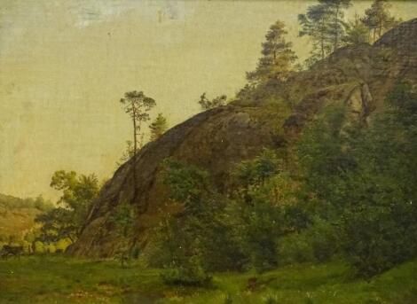 19thC School. Rocky country landscape with figure and cattle