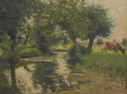 Sir John Alfred Arnesby Brown (1866-1955). Cow grazing in river landscape