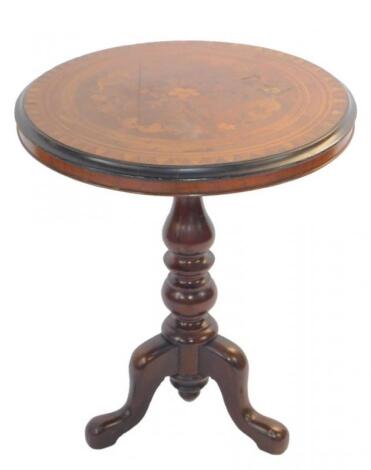 A Victorian walnut and floral inlaid circular tilt top occasional table