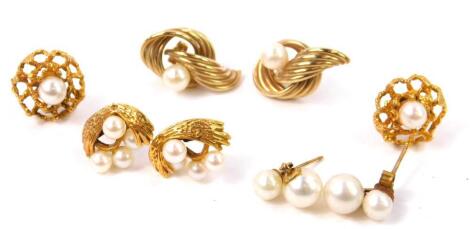 Four pairs of gold and cultured pearl earrings