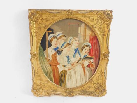 A Victorian wool work picture of five girls in pius contemplation in a church