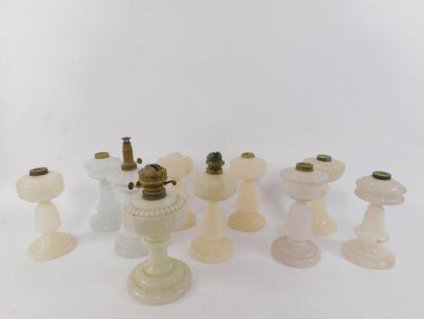 Ten opaline glass oil lamp bases