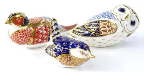 Three Royal Crown Derby porcelain bird paperweights