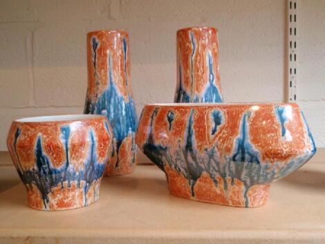 Four pieces of Sylvac blue and orange drip glazed vases