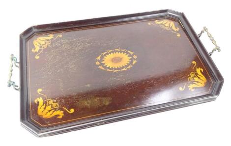 An Edwardian mahogany and marquetry canted rectangular tray