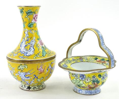 A 20thC oriental enamel basket