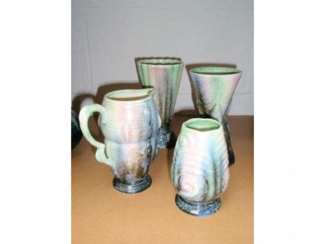 Two Sylvac vases, a jug and a smaller vase in mottled green, cream and and grey colouring