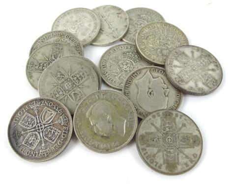 A collection of fourteen pre 1956 two shilling coins