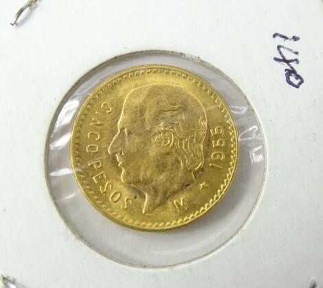 A 1955 fine gold Mexican 5 Pesos