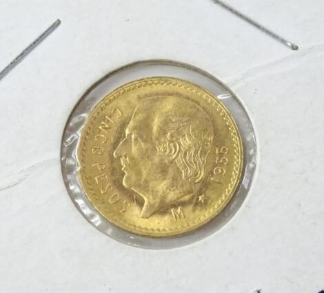 A 1955 fine gold Mexican 5 Pesos