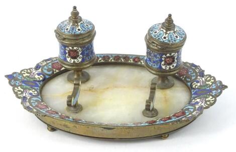 A French champleve enamel onyx and brass ink stand