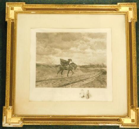 After Meissonier. Windswept figure on horse back