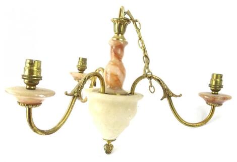 A Continental pink alabaster gilt metal three branch chandelier