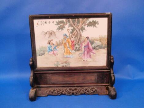 Chinese plaque hand painted and framed and on a stand