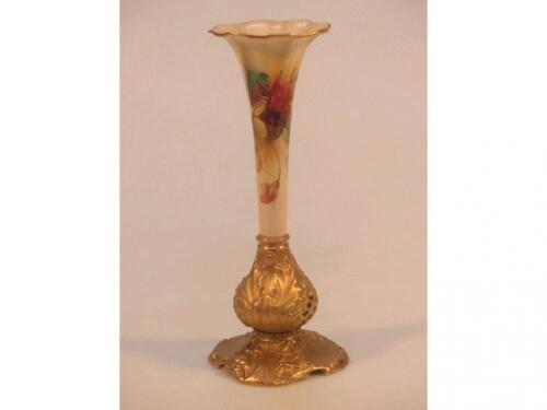 A Royal Worcester specimen vase of trumpet shape with a fluted gilt line rim