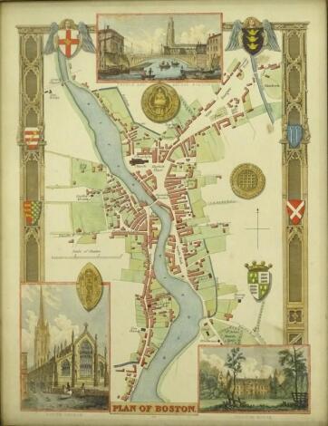 Plan of Boston. Coloured engraving and eight others