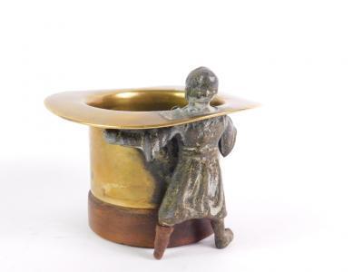 A late 19thC brass and wooden begging bowl modelled as a top hat - 2