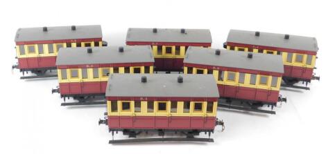 Six large scale model railway coaches