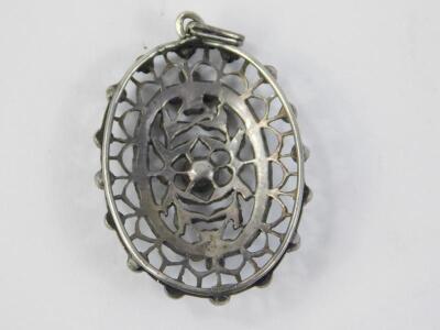 A Victorian style silver plated and marcasite set oval pendant - 2