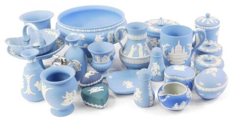 A large quantity of blue Wedgwood Jasperware