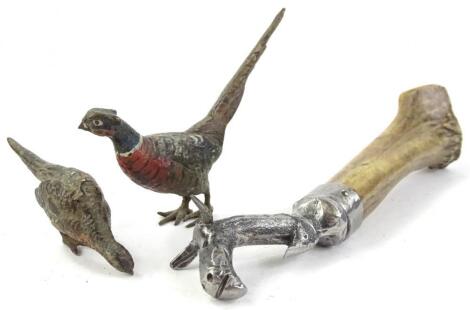 Two cold painted bronze models of a cock and a hen pheasant