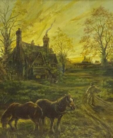 Batchelor (19thC). Country cottage scene with farmer and horses