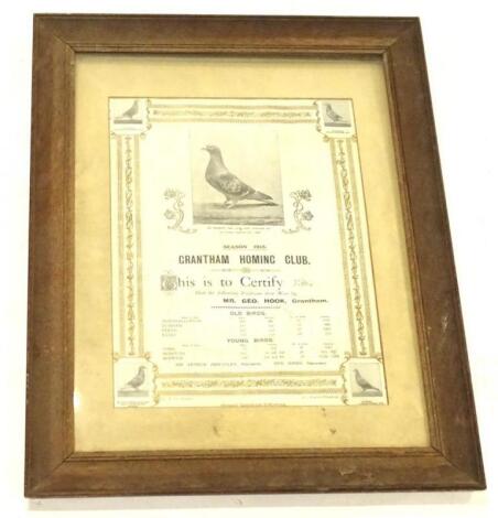 An early 20thC certificate for Grantham Homing Club