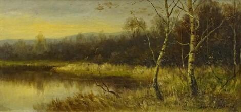 Sydney M Broad (1853-1942). River landscape with silver birch trees