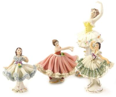 Four Dresden porcelain crinoline ladies