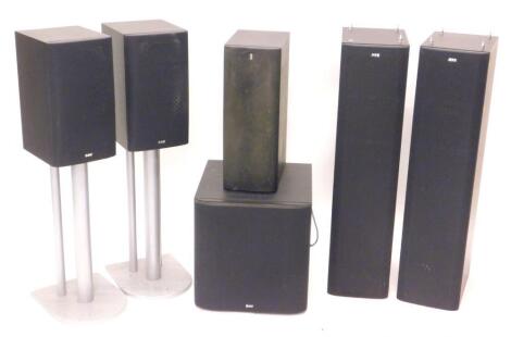 A pair of B&W floor standing hi fi speakers