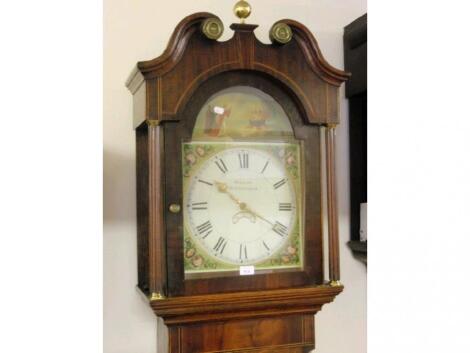 A 19thC oak and mahogany long case clock with swan neck pillared hood over