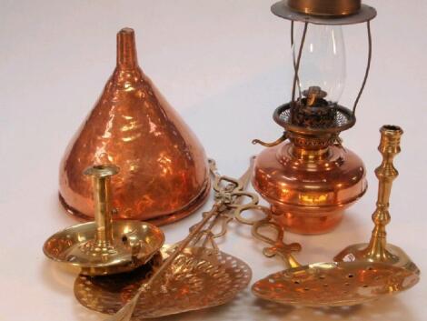 Copper and brass items to include large copper funnel