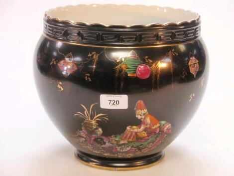 A large Falcon ware black ground oriental decorated planter
