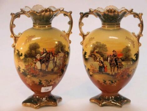 A pair of two-handled vases with farming scenes