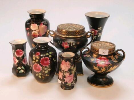 Falcon ware black ground rose decorated rose bowls and vases