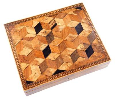 A mid 19thC Tunbridge ware parquetry and inlaid writing slope, of rectangular form, the exterior set with exotic woods, the interior with velvet lined writing slope and space for ink bottles and pens, when closed 6cm H, 28cm W, 23cm D. - 3