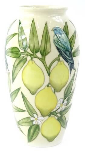 A Moorcroft lemon design vase, designed by Sally Tuffin in 1991, the paintress Barbara Mountford, 25cm H.